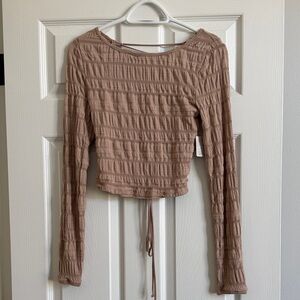 Free People Long Sleeve Textured Crop Top in Taupe